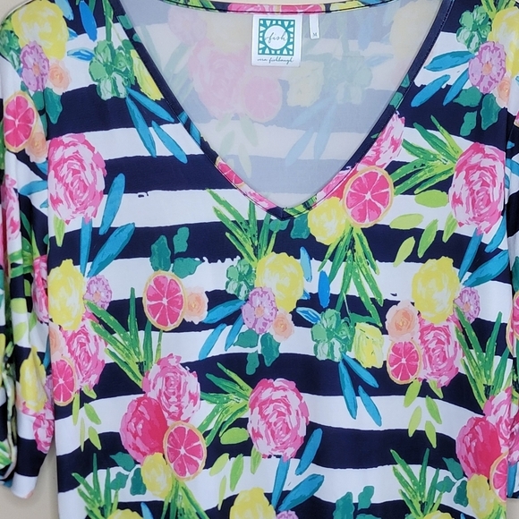 Vfish Vera Fishbaugh | Colorful Striped Floral Fruit V-neck Dress Size Medium - Picture 2 of 6